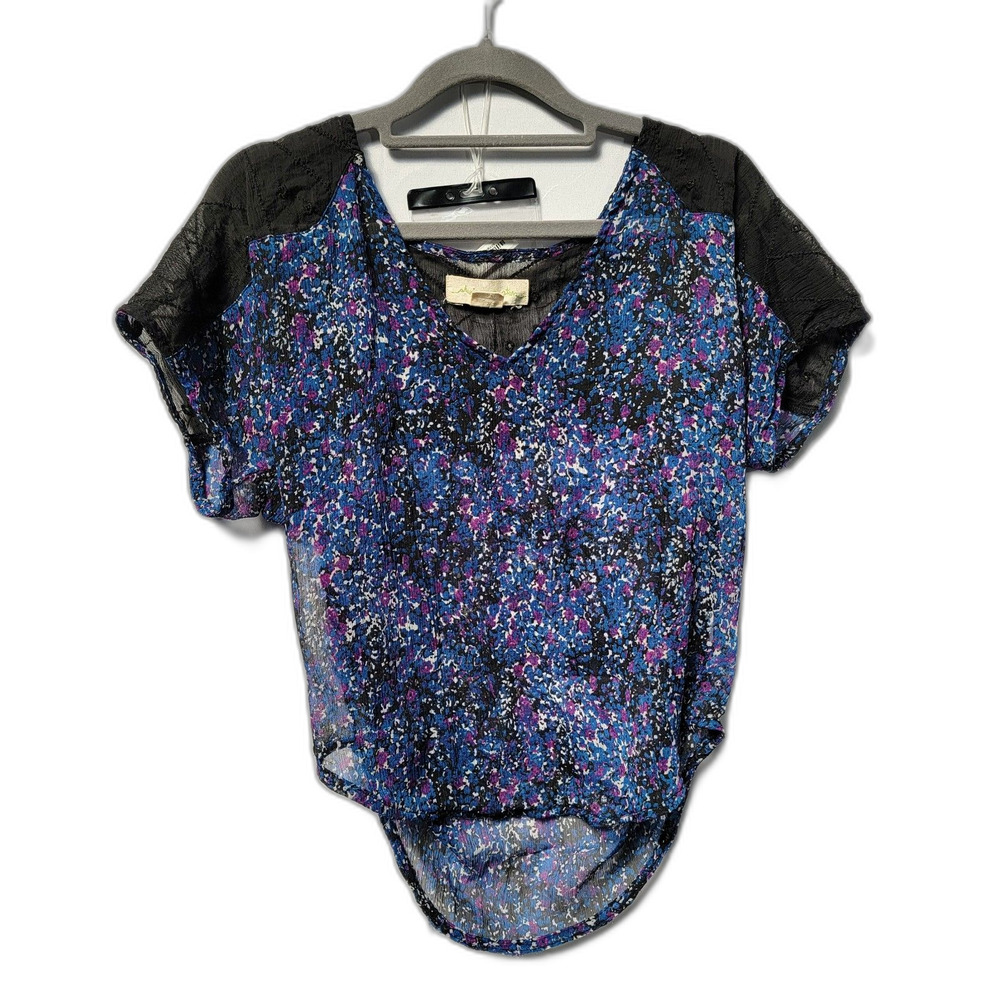 STARING AT STAR Blue Floral Printed Loose Blouse V-Neck Short Sleeves Women Sz S